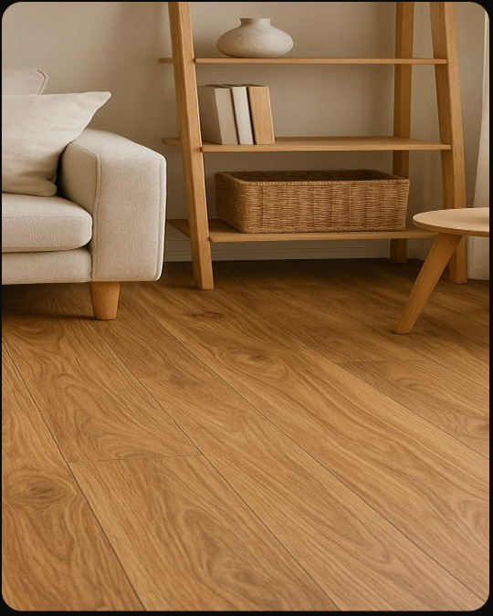 Refinished hardwood floor detail in a bright living room