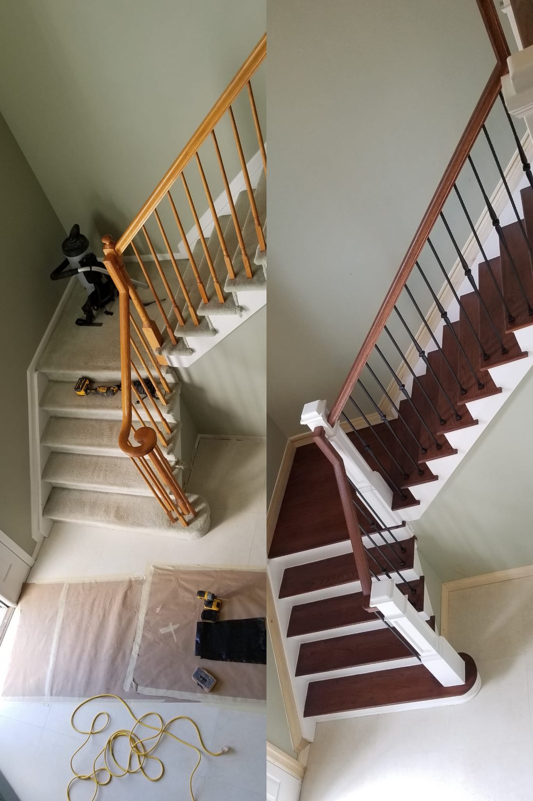 A carpeted staircase transformed into a stained hardwood staircase with iron balusters, before and after.