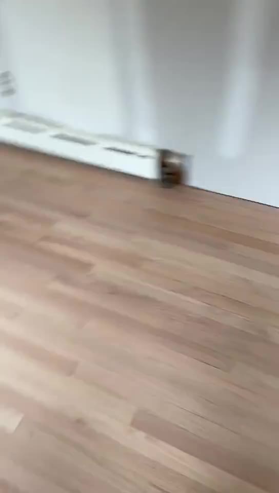 A newly refinished hardwood floor near a baseboard heater.