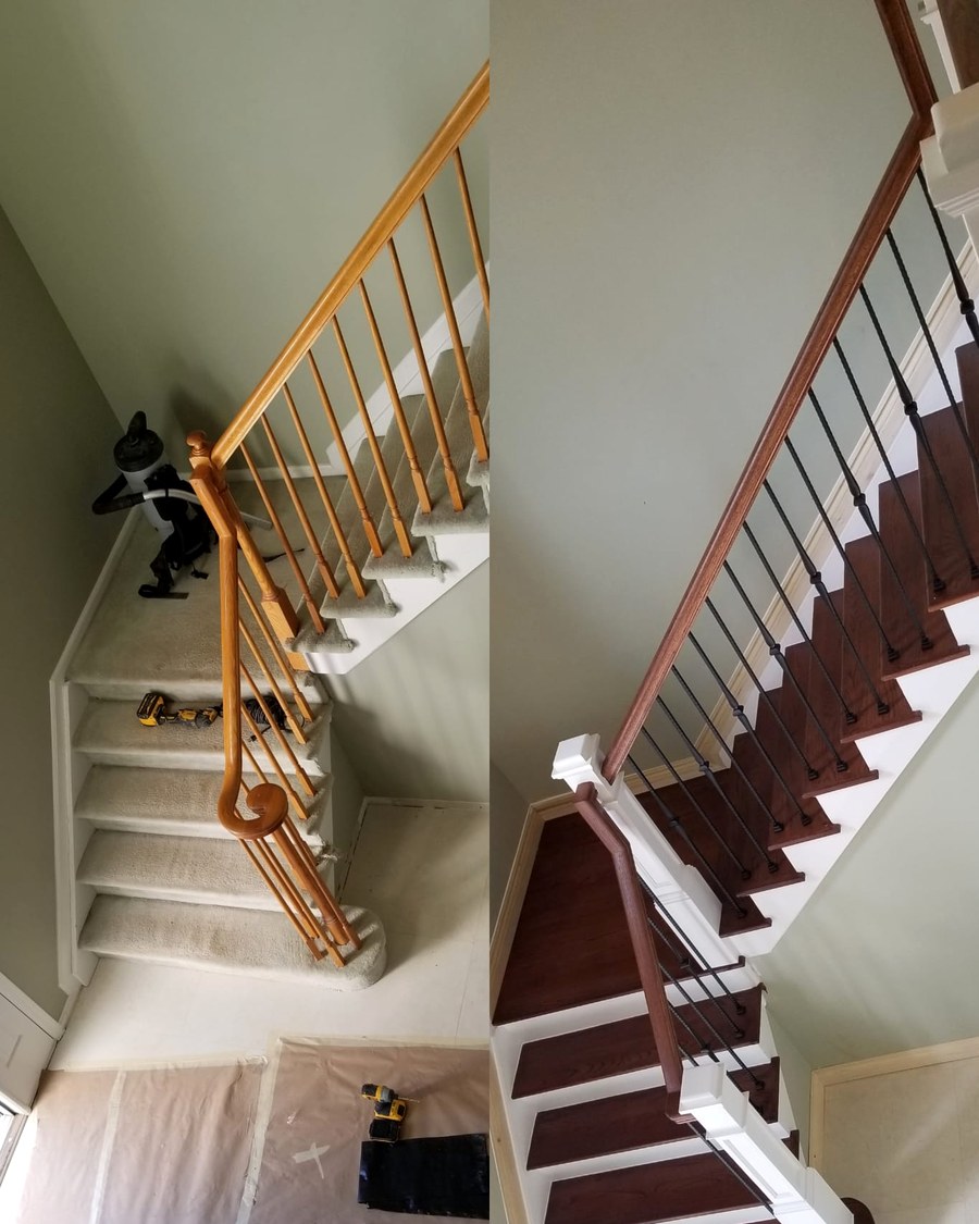 Before and after: a carpeted staircase transformed into a stained hardwood staircase with iron railings.