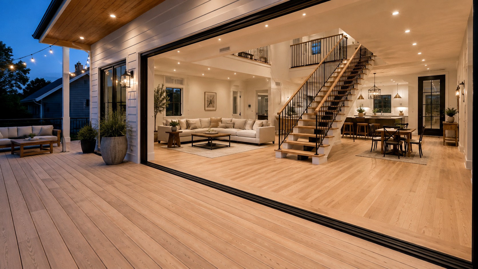 Modern home at dusk with hardwood floors, staircase and deck